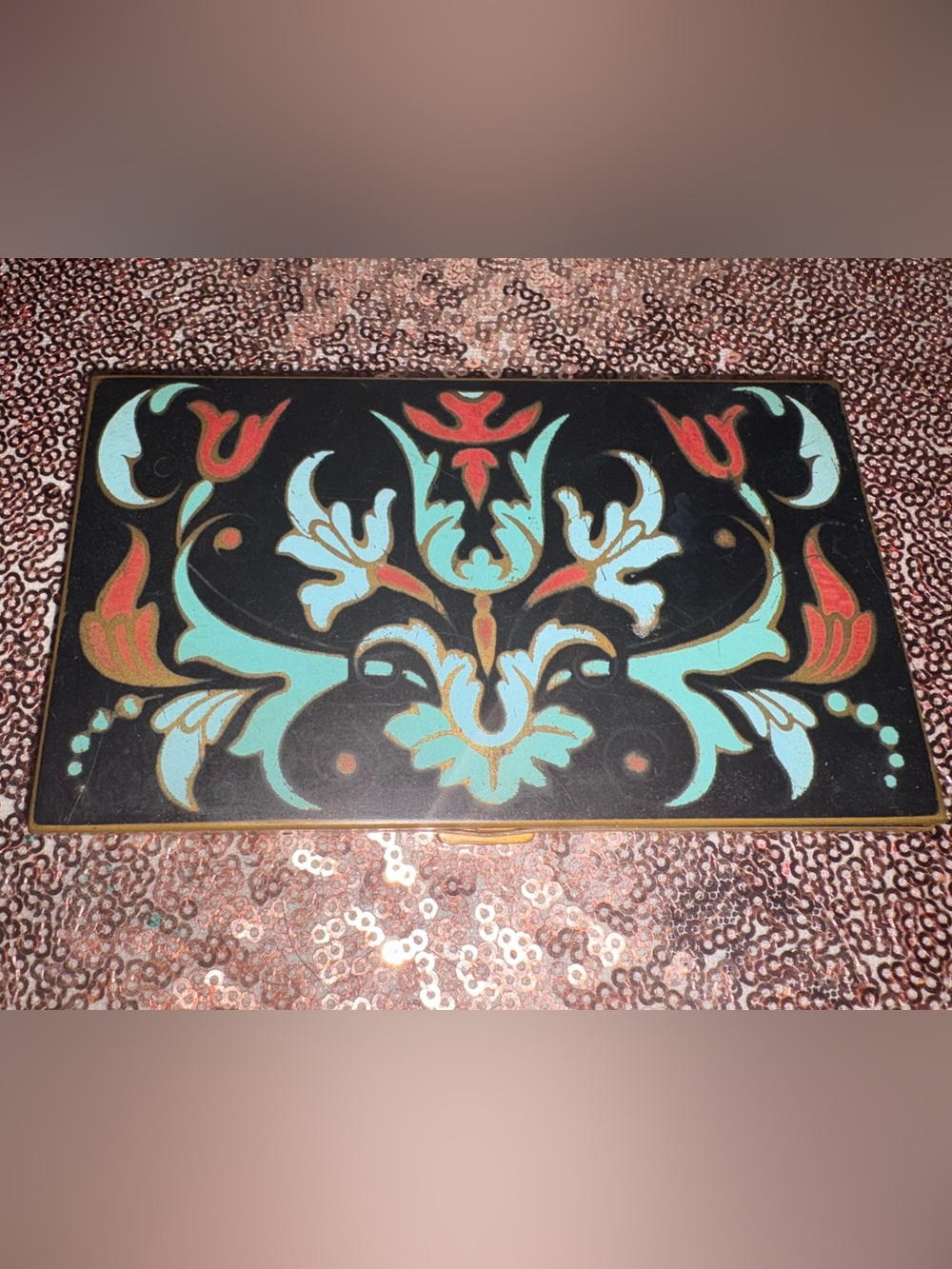 Vintage rare 1940’s Volupté cloisonné brass compact with floral design.